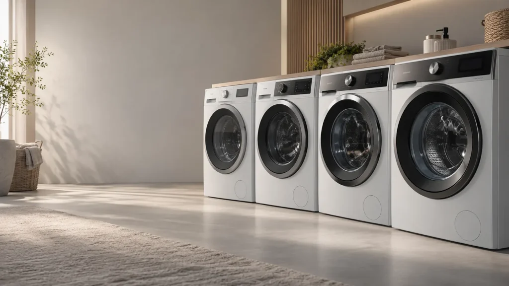 AEG 6000, 7000, 8000 en 9000 wasmachines naast elkaar