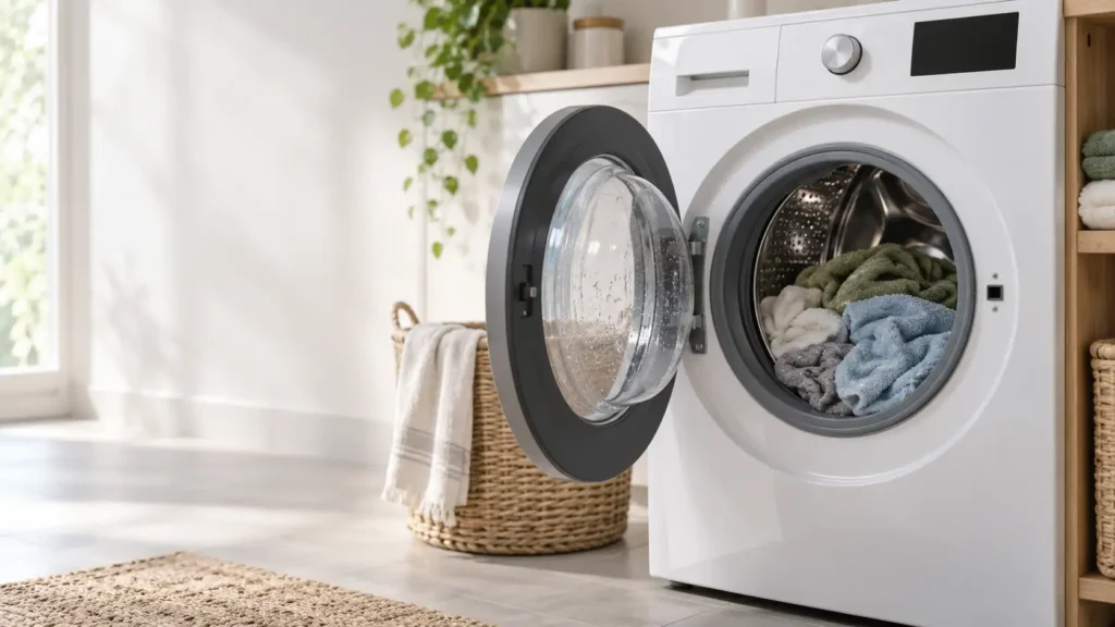 Nat wasgoed dat na het wasprogramma in een wasmachine is blijven liggen